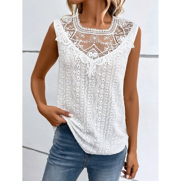 White Boho Embroidered Lace Knit Tunic Tank Top Cut Out Sleeveless Shirt Blouse - Picture 3 of 6